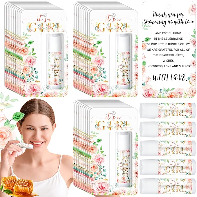 30 Sets Baby Shower Lip Balm Bulk Baby Shower Favors Pink Floral Gender Reveal Small Lip Balm wedding Thank You Gifts Honey Moisturizing Lip Balm Favors for Guest Coworkers Women Men-BrightBean Baby
