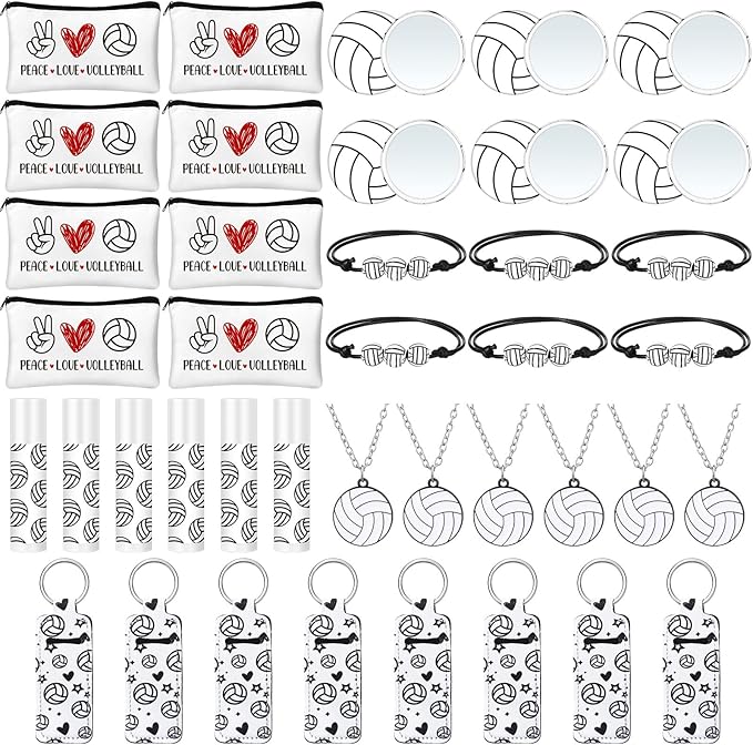 72 Pcs Sports Team Gifts Include 12 Makeup Bags 12 Lip Balm 12 Lip Balm Holder 12 Necklace 12 Adjustable Bracelet 12 Mirrors for Sports Lovers Players Party Favors (White, Volleyball)-BrightBean Baby