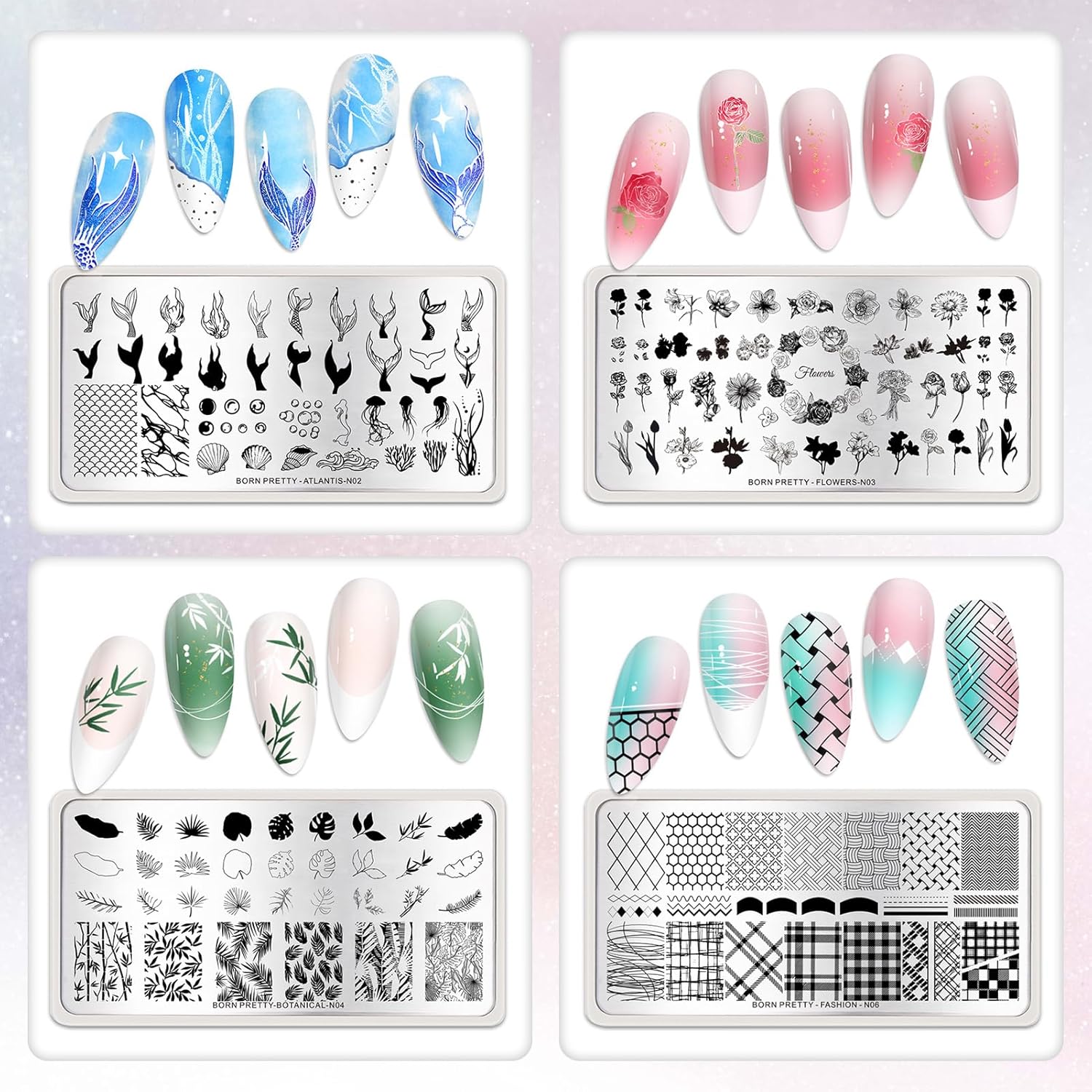 Born Pretty Nail Stamping Plates Set Nail Art Image Plates Plaid Flowers Leaves Geometric French Stamp Templates Kit Image Manicuring DIY Printing Tools 6PCS-BrightBean Baby