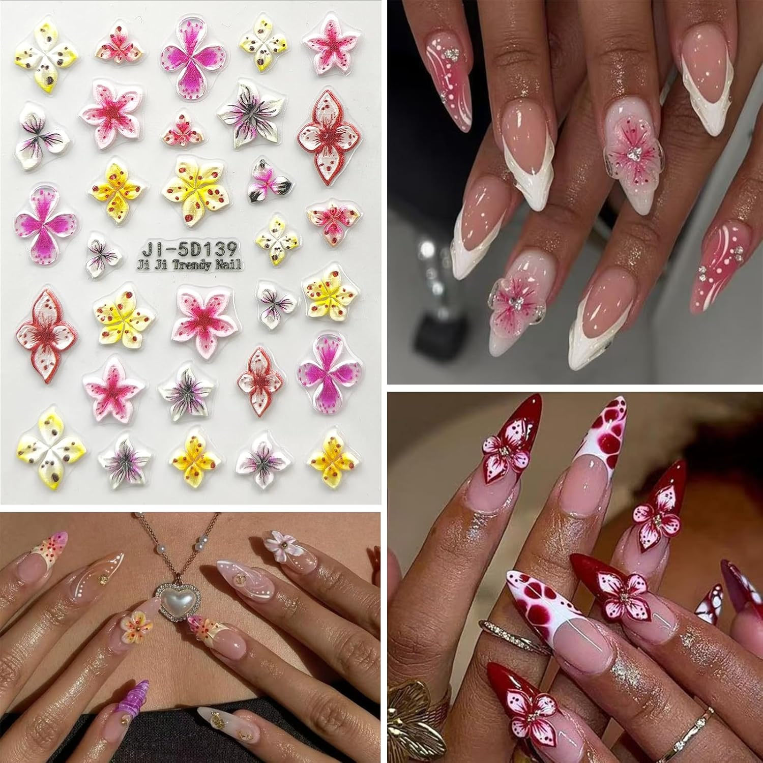 Flower Nail Art Stickers Decals 5D Embossed Nail Decals Spring Summer Pink Purple Nails Design Self-Adhesive Supplies Accessories 3D Flower for Women Nails DIY Decoration(5 Sheets)-BrightBean Baby
