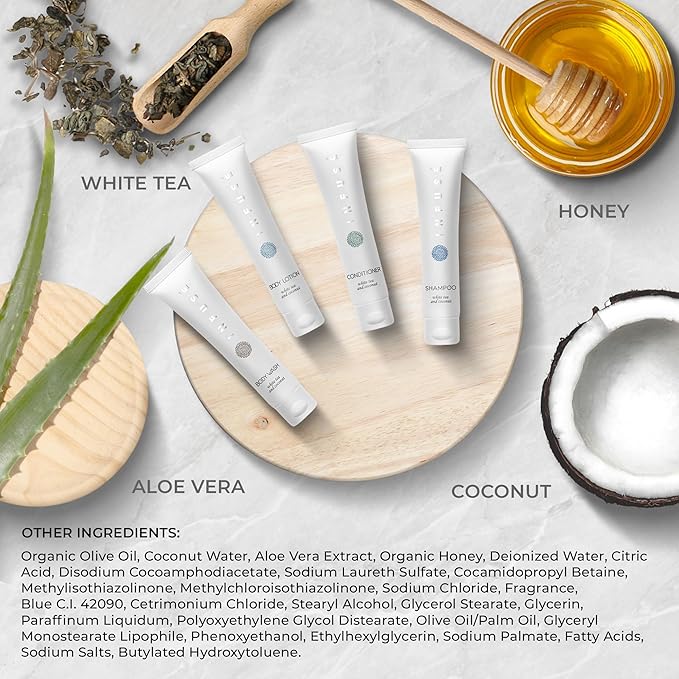Infuse White Tea & Coconut Hotel Toiletries Bulk Set | 1-Shoppe Amenities Kit | 1oz Shampoo & Conditioner, Body Wash, Lotion | Travel Size | 80 Pieces-BrightBean Baby