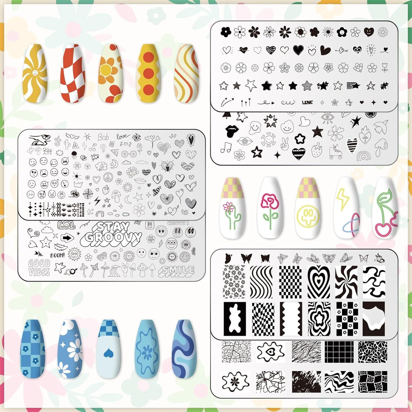Whaline 6Pcs Preppy Nail Plates Stamping Set Heart Flower Butterfly Star Smiling Stamp Templates Groovy Nail Art Plates for DIY Print Manicure Salon Design Gift-BrightBean Baby