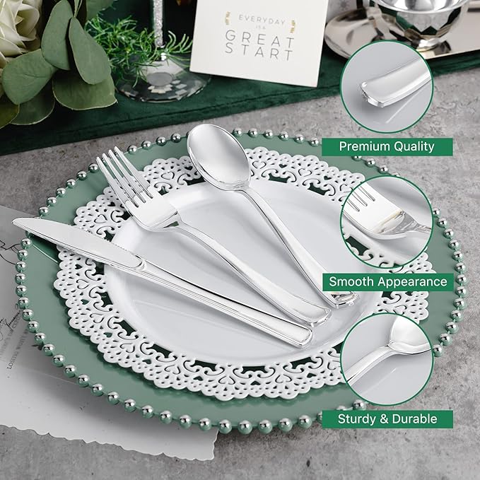 N9R 120PCS Silver Plastic Silverware, Silver Plastic Cutlery Set Disposable Flatware Dinnerware -60 Forks, 30 Spoons, 30 Knives for Wedding, Party, Birthday and Daily Use