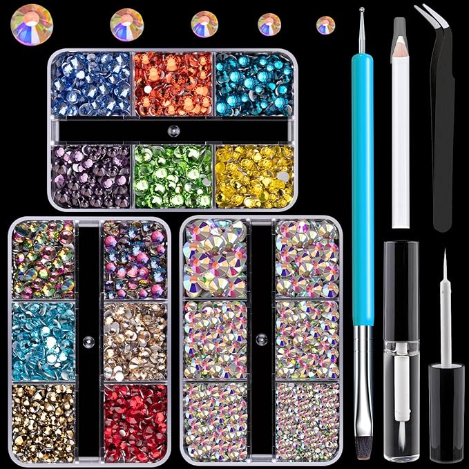 Colorful Face Gems for Makeup Set, Flatback Gorgeous AB Glass Gems+Mixed-Colored Crystals with Picker Pencil, Makeup Glue, Dual-End Dotting Tool, Tweezer for Eye Body Hair Make-up and Nail Art Deco-BrightBean Baby
