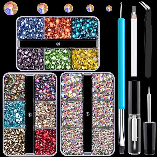Colorful Face Gems for Makeup Set, Flatback Gorgeous AB Glass Gems+Mixed-Colored Crystals with Picker Pencil, Makeup Glue, Dual-End Dotting Tool, Tweezer for Eye Body Hair Make-up and Nail Art Deco-BrightBean Baby
