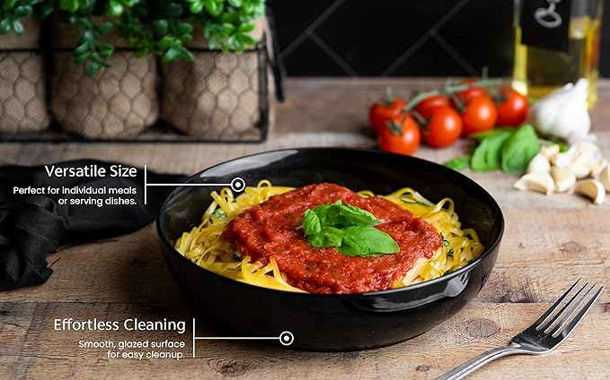 KooK Pasta Bowl, Salad Bowls, Soup, Serving Bowls, Ceramic, Large Capacity, Microwave & Dishwasher Safe, Set of 4, 40 Oz,(Black)
