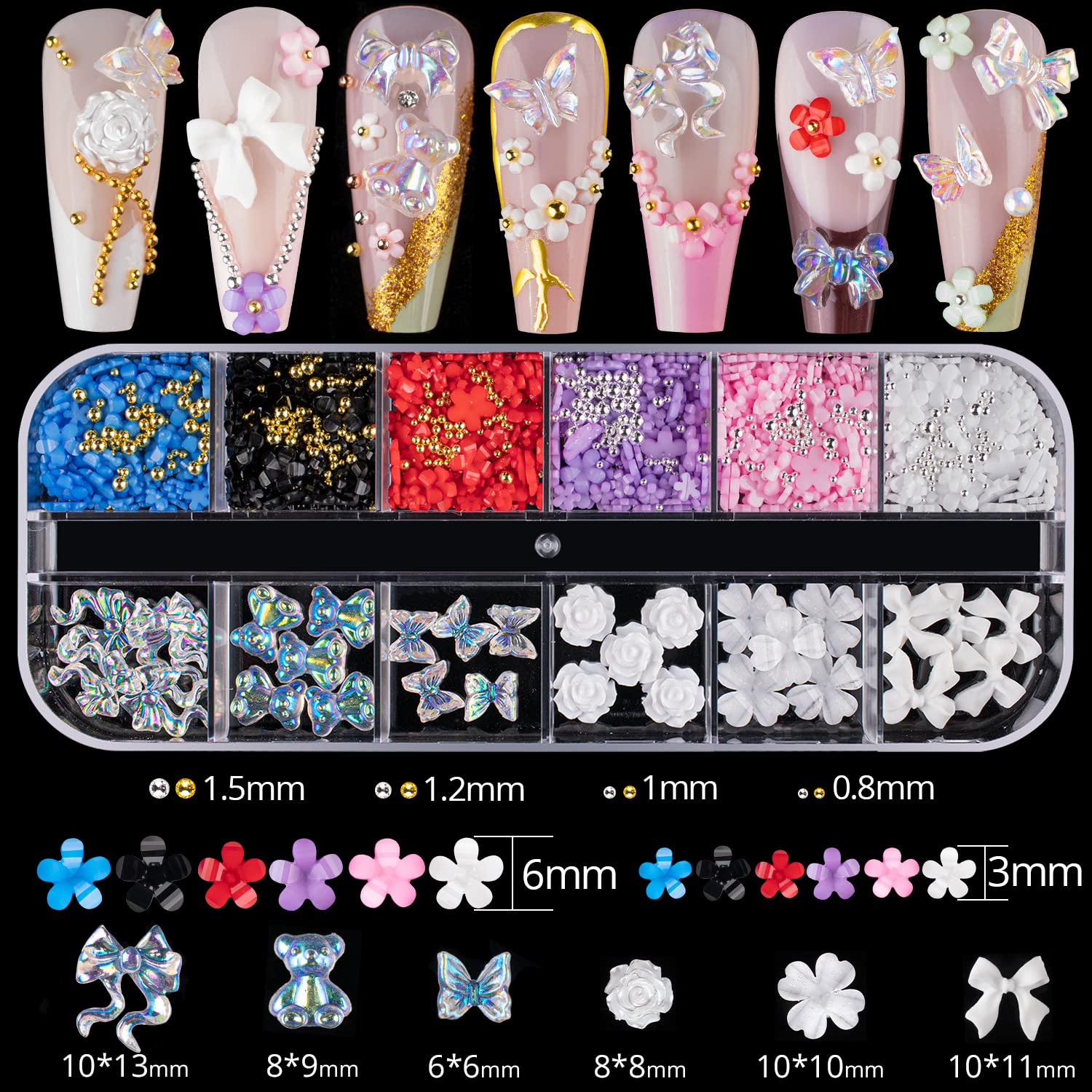 Mixed 3D Nail Art Gem Decoration Accessories Kit #11, Aurora Bear Bow Butterfly Starry AB Rhinestone Charm Jewelry for Deco, Pearl Flower Caviar Bead Stone Crystal with Pickup Pencil and Tweezer-BrightBean Baby