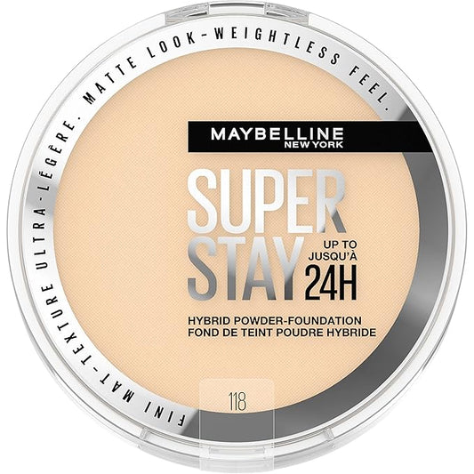 Maybelline Super Stay Up to 24HR Hybrid Powder-Foundation, Medium-to-Full Coverage Makeup, Matte Finish, 118, 1 Count-BrightBean Baby