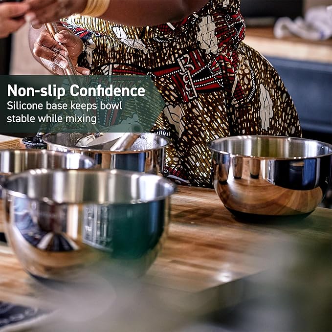 HexClad Stainless Steel Mixing Bowl Set, 3-Piece with Vacuum Seal Lids and Non-Slip Base, 1.3,3 and 5 Quarts