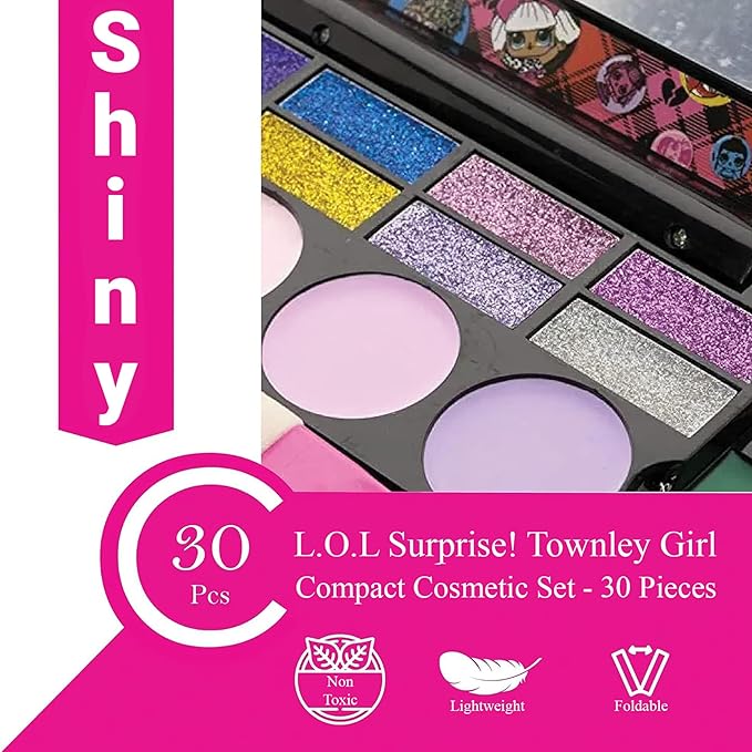 LOL Surprise Cosmetic Compact Set Includes Mirror, 14 Lip glosses, 8 Eye Shadow, 4 Blushes & 4 Brushes Safe & Non-Toxic Colorful Portable Foldable Makeup Beauty Kit for Girls, Townley Girl-BrightBean Baby