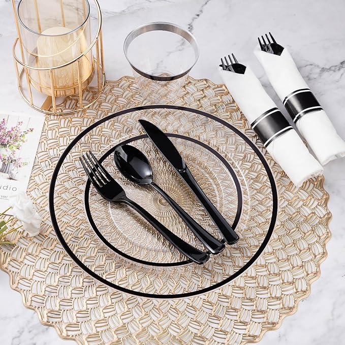 Goodluck 350 Piece Black Plastic Dinnerware Set for Party, Clear Disposable Plates for 50 Guests, Include: 50 Dinner Plastic Plates, 50 Dessert Plates, 50 Pre Rolled Napkins with Cutlery Set, 50 Cups