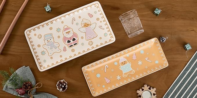 Bico Pastel Gingerbread Man Ceramic 14 inch Rectangular Serving Platter, Set of 2, for Serving Salad, Pasta, Cheese, Ham, Appetizer, Microwave & Dishwasher Safe