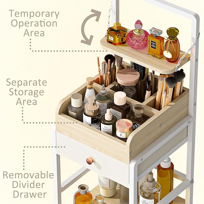 Wisdom Star Makeup Organizer Cart with 2 Drawers, Floor Skincare Organizers, Makeup Storage, Vanity Organizer, Cosmetics Display, Versatile Skin care Perfume Nail Polish Storage Rack for Bathroom-BrightBean Baby