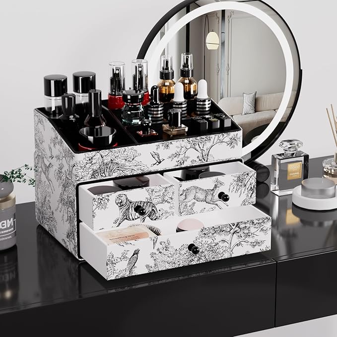 GORESE Leather Makeup Organizer with 3 Drawers for Vanity, Stackable Skincare Holder Dresser Organizer Countertop, Make Up Storage Organizers Counter Cosmetic Display Case Gift for Women(Retro Black)-BrightBean Baby