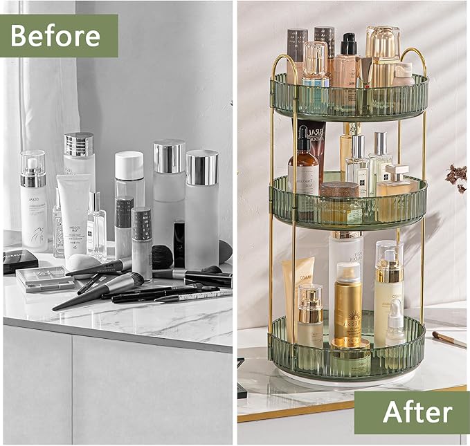 Rotating Makeup Organizer for Vanity, High-Capacity Skincare Clear Make Up Storage Perfume Organizers Cosmetic Dresser Organizer Countertop 360 Spinning (Green, 3 Tier)-BrightBean Baby