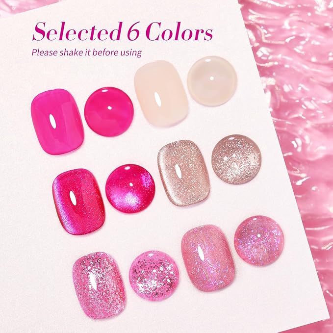 Born Pretty Gel Nail Polish Pink Series,Jelly Transparent Gel Polish, Cat Magnetic Eye,Holographic Glitter Hot Pink Nude Gel Polish for Salon Manicure and Nail Art DIY at Home 6 Colors-BrightBean Baby