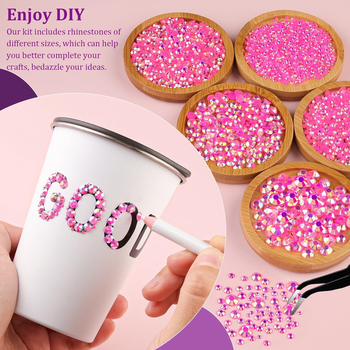 Resin Jelly Rhinestones for Crafting with B7000 Jewelry Glue, 2 Boxes Hot Pink AB Flatback Crystals with 3Pcs 10ml Glue, Bedazzling Non Hotfix Gems for DIY Tumblers Clothing Shoes Manicure-BrightBean Baby