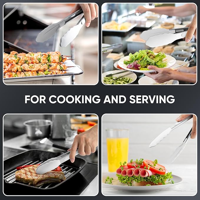 9 Inch Kitchen Tongs, Cooking Tongs with Silicone Tips and Stainless Steel Handle, Non Stick Heat Resistant Tongs for Cooking, Buffet, Salad Serving (9", White)