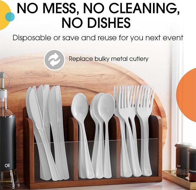 Party Solids White Plastic Silverware Heavy Duty 150 Pieces White Plastic Cutlery Sets, Utensil Sets, 50 Of Each Forks, Knives & Spoons Disposable Cutlery Set, Flatware Set For Party Supplies