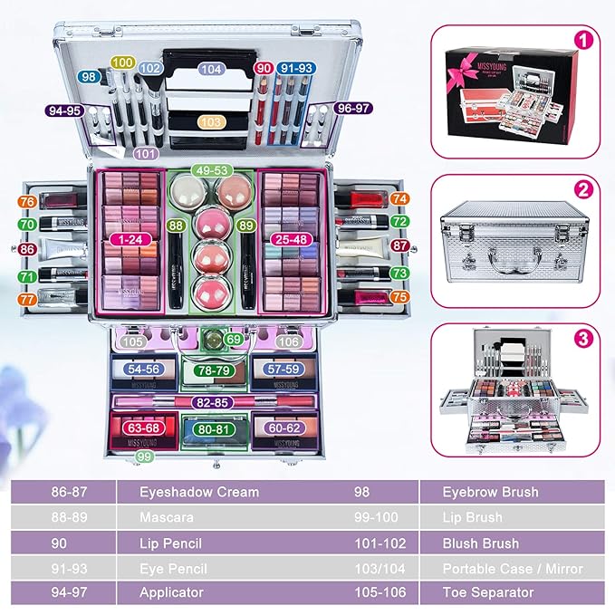 Make-up Box Set Multi-purpose Cosmetic Storage Beauty Case Professional Contain Eyeshadow Concealer Lip gloss Blusher Compact Powder Eyebrow and Makeup Pencil Brush #3-BrightBean Baby