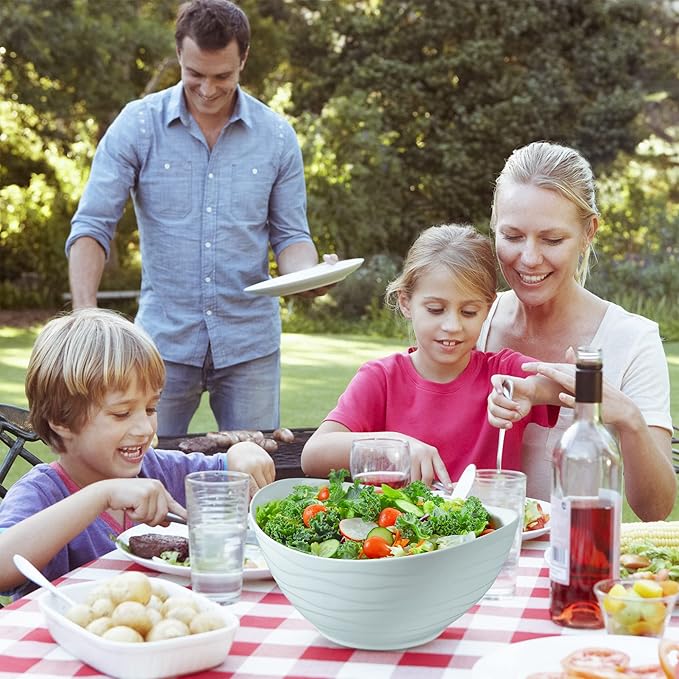Extra Large Elegant Ceramic Oval Salad Bowl Set with Premium Acacia Wood Salad Serving Utensils - Large Capacity, Stylish and Practical, Kitchen Must-Have