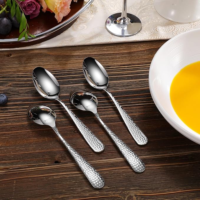 KEAWELL Premium 4-Piece Louise Hammered Spoons Set, 18/10 Stainless Steel, Set of 4, Fine Spoon Set with Round Edge, Dishwasher Safe (7.6" Dinner Spoons)