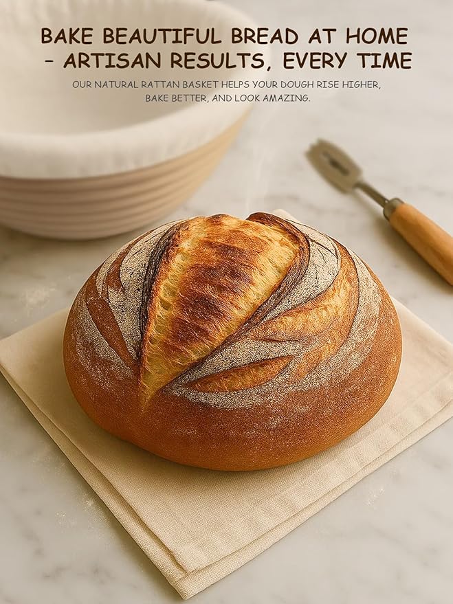 Sourdough Bread Baking Kit with 2 Pack 9" Round Banneton Proofing Baskets, Bread Baking Supplies with Cotton Liner, 430 Scraper, 304 Lame, Dough Whisk, Sourdough Starter Kit Gift