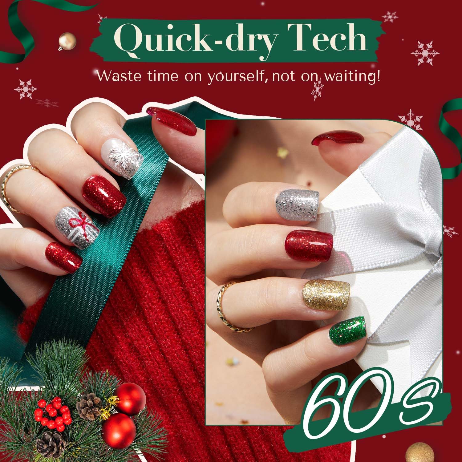 AZUREBEAUTY Nail Polish Set, 4 Colors Christmas Glitter Red Green Gold Silver Quick Dry Natural Fingernail Lacquer Strengthening Treatment Kit with Top Coat DIY Salon at Home-BrightBean Baby