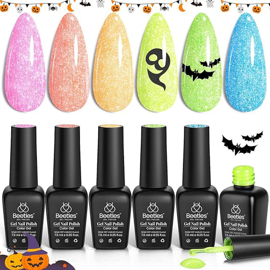Beetles Glitter Gel Polish Set, 6 Colors Sparkling Water Shimmer Blue Green Pink Orange Glitter Neon Gel Polish Halloween Soak Off Nail Art Design Salon Home Manicure Gift for Girls Women-BrightBean Baby