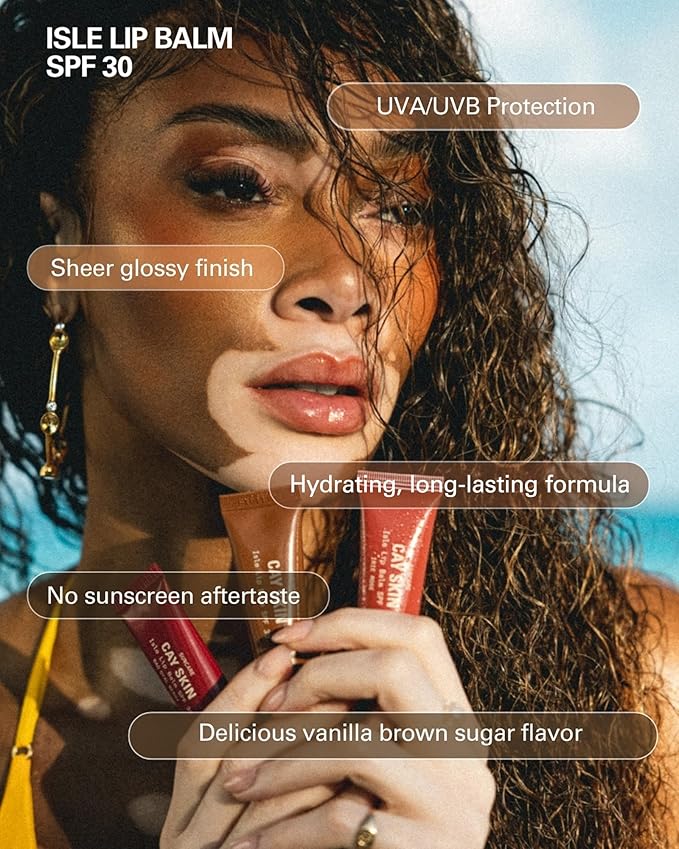 Cay Skin Isle Lip Balm SPF 30 – High Shine, Hydrating + Sheer Lip Gloss in Vanilla Brown Sugar Flavor – Formulated with Natural Ingredients for All Skin Tones – 3-Pack, Bad Gyal Berry-BrightBean Baby