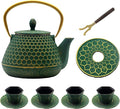 YJX Cast Iron Teapot and Tea Cups Set, 33.8oz Hexagon Pattern Tea Set with Cups and Cup Mats, Enameled Tea Kettle for Stovetop, Durable Tea Pot Set with Stainless Steel Infuser for Loose Leaf