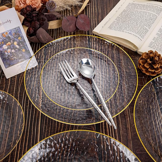 Rubtlamp 90Pcs Silver Plastic Silverware, Hammered Thanksgiving Disposable Silverware,Silver Plastic Forks And Spoons, Fancy Plastic Cultery Include 30 Forks, 30 Knives And 30 Spoons for Thanksgiving