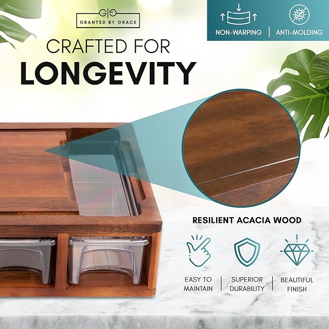 Acacia Cutting Board with Containers & Lids - Board Meal Prep System w 4 Graters, 2 Plastic Chopping Board for Meat, Juice Grooves & More - Cutting Board Prep Station for Kitchen