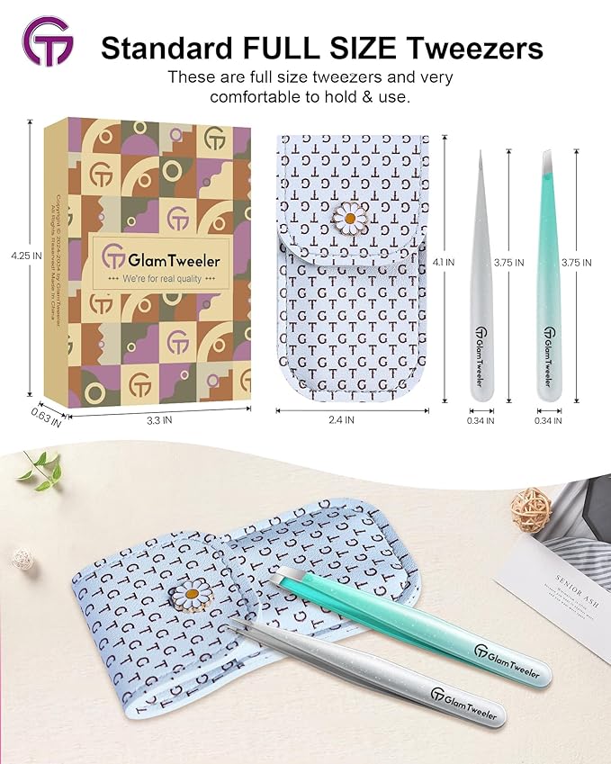 Expert Slant and Point Tip Tweezer Set with Exclusive Storage & Carrying Case, GlamTweeler Sharp & Precision Tweezer Set for Eyebrows, Facial Hairs & Fine Hairs Removal (Sparkle Mint Green + Silver)-BrightBean Baby