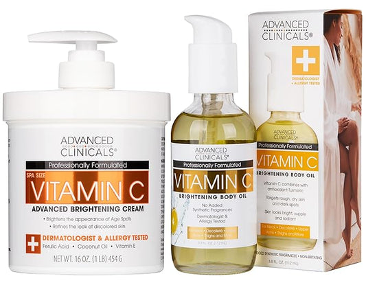 Advanced Clinicals Brightening Vitamin C Cream Moisturizer + Vitamin C Body Oil 2pc Skincare Set | Nourishing, Brightening, & Hydrating Body Oil & Body Lotion To Improve Appearance Of Dark Spots, 2pc-BrightBean Baby