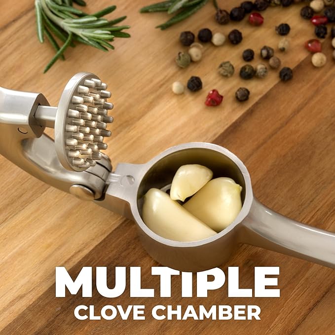 Zulay Kitchen Premium Garlic Press - Durable Garlic Masher with Soft, Easy to Squeeze Handle - Garlic Mincer Tool - Sturdy Easy to Clean Garlic Crusher (Silver)