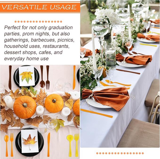 300 Pieces Thanksgiving Plastic Silverware Fall Heavy Duty Utensils Set Heavyweight Disposable Flatware Includes Orange Yellow Brown Spoons Forks Knives for Thanksgiving Dinner Party Supplies