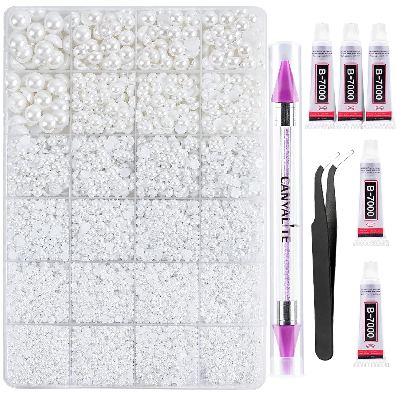Canvalite 11000Pcs Flatback Pearls for Crafting, Multiple Sizes Half Nail Pearls with 5Pcs B7000 Jewelry Glues & Picker Tools Bedazzling Bead for DIY Crafts Clothing Tumblers Shoes Decors Nail Art-BrightBean Baby