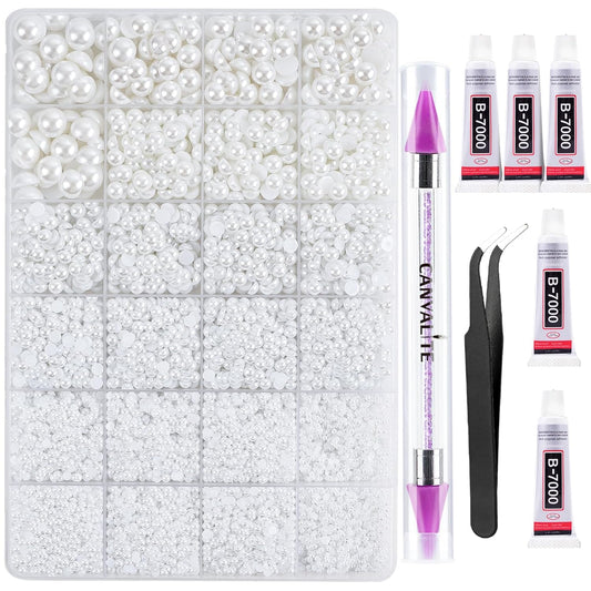 Canvalite 11000Pcs Flatback Pearls for Crafting, Multiple Sizes Half Nail Pearls with 5Pcs B7000 Jewelry Glues & Picker Tools Bedazzling Bead for DIY Crafts Clothing Tumblers Shoes Decors Nail Art-BrightBean Baby