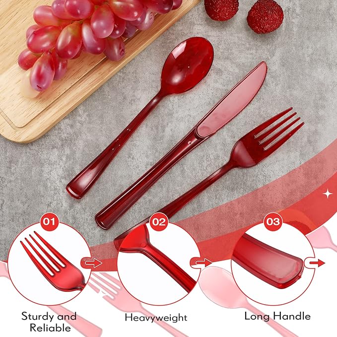 Minatee 150 Pieces Disposable Cutlery Set Plastic Silverware Heavy Duty Utensil Sets 50 Forks 50 Knives 50 Spoons for Home Office School Party Picnics Restaurant Outdoor Events(Red)