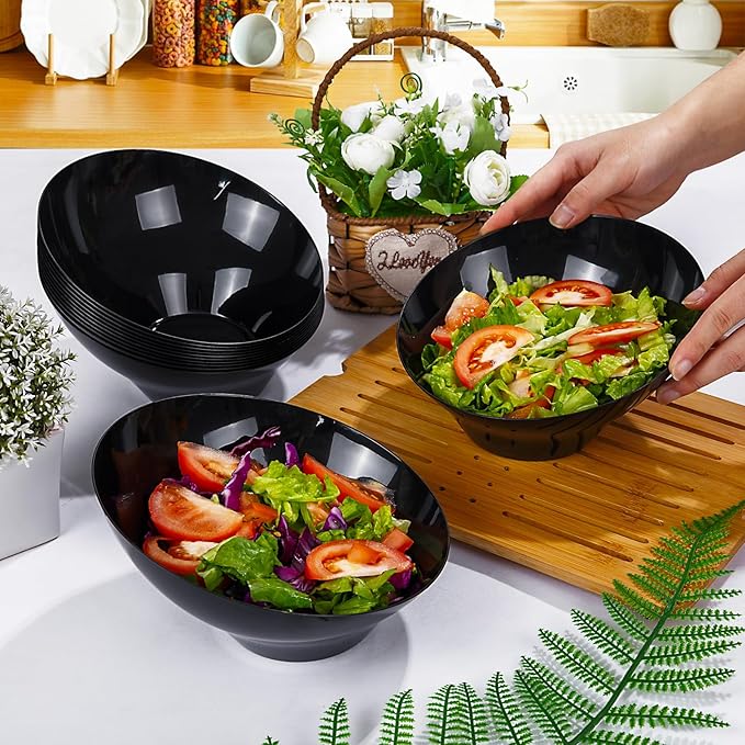 bUCLA 12 Pack Black Plastic Serving Bowls - 20 OZ Angled Bowls Disposable for Chip,Candy,Salad and Fruit - Ideal for Wedding, Party & New Year