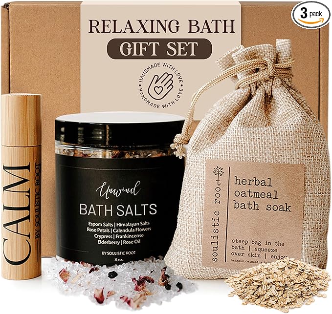 Relaxing Bath Gift Set, Luxury Spa Gifts for Women, Self Care Products for Women and Men, Calm Essential Oil Roller, Oatmeal Lavender Bath Soak & Epsom Salts with Essential Oils-BrightBean Baby