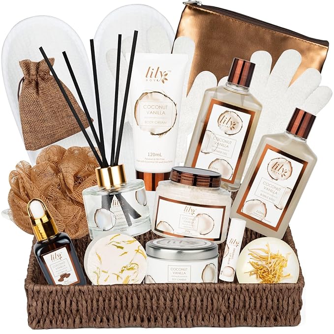 Bath and Body Gift Basket Set for Women - Coconut Vanilla Spa Gift Basket for Women 17-Piece Luxury Bath Gift Set with Shower Gel Self Care Pampering Gifts for Mothers Day, Christmas, Birthday Gifts-BrightBean Baby