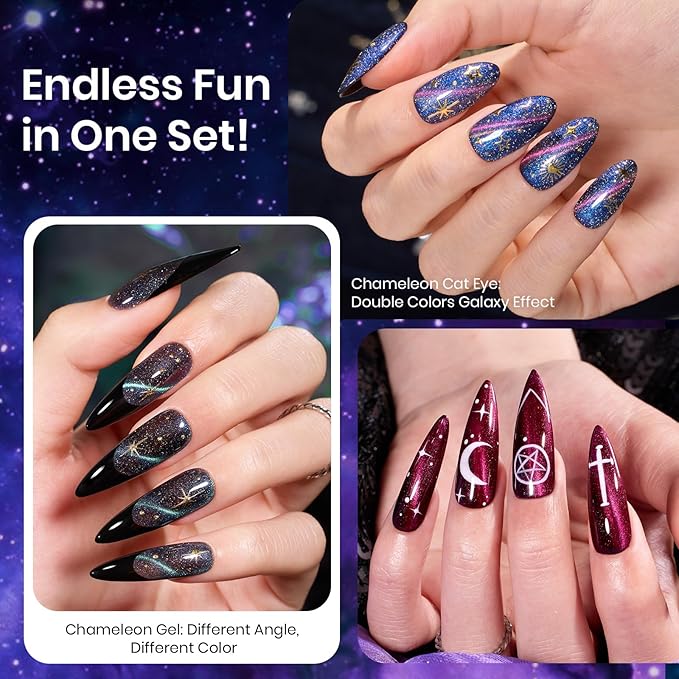 Beetles Cat Eye Gel Polish - Milky Way 6 Colors Gel Polish Set, Black Purple Blue Temperature Changing Glitter Nails, Halloween Galaxy Nails Kit with Magnet Stick Soak Off Uv Lamp Gel-BrightBean Baby