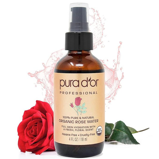 PURA D'OR Organic Rose Water Toner (4oz / 118mL) Eau Fraiche, 100% Pure Full Skin Hydration, Control Excess Oils & Acne - Cleanses & Softens - Promotes Healthy Skin Cell - for All Skin Types-BrightBean Baby