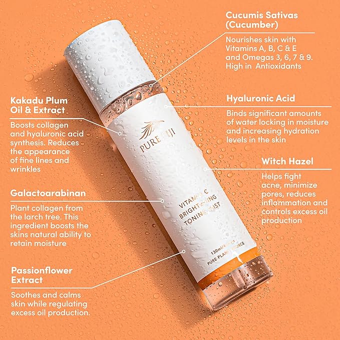 Pure Fiji Face Toner Mist with Vitamin C for Brightening & Refreshing Antioxidant Face Mist Hydrating Spray Helps Even Skin, Smooths Fine Lines and Wrinkles (4.4oz/130ml)-BrightBean Baby