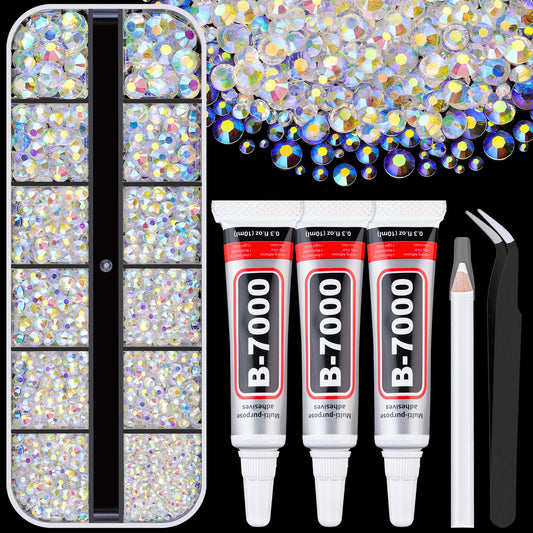 6000Pcs Resin Rhinestones for Bedazzling with 3Pcs B7000 Jewelry Glue, 1 Box Transparent AB Flatback Rhinestones for Crafting Crafts DIY, Crystals Gems for Clothing Shoes Tumblers Nail Art Makeup-BrightBean Baby