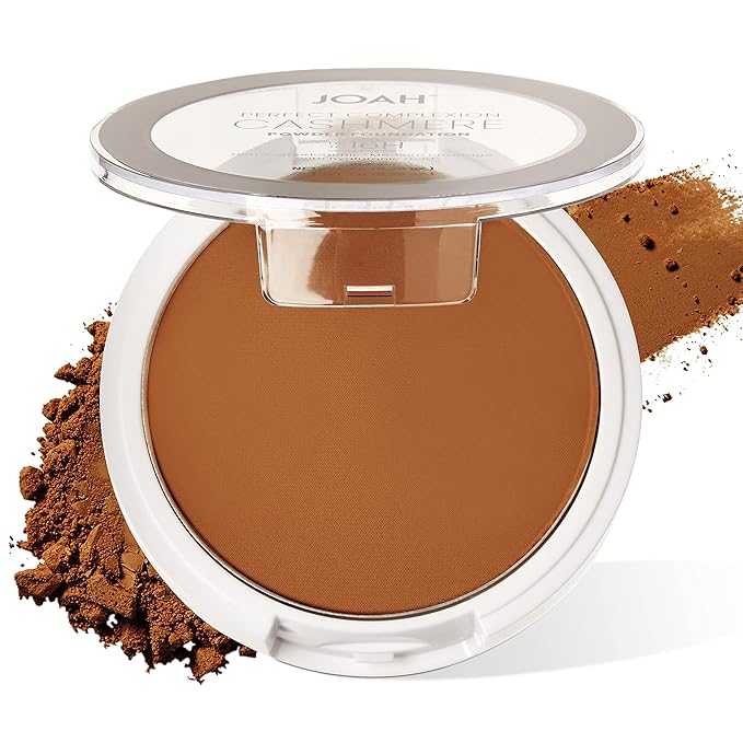 JOAH Perfect Complexion Cashmere Powder Foundation, Medium Face Coverage, Matte Finish, Korean Makeup, Compact Design For Oily & All Skin Types, 16 Hour Wear, Deep with Neutral Undertones-BrightBean Baby
