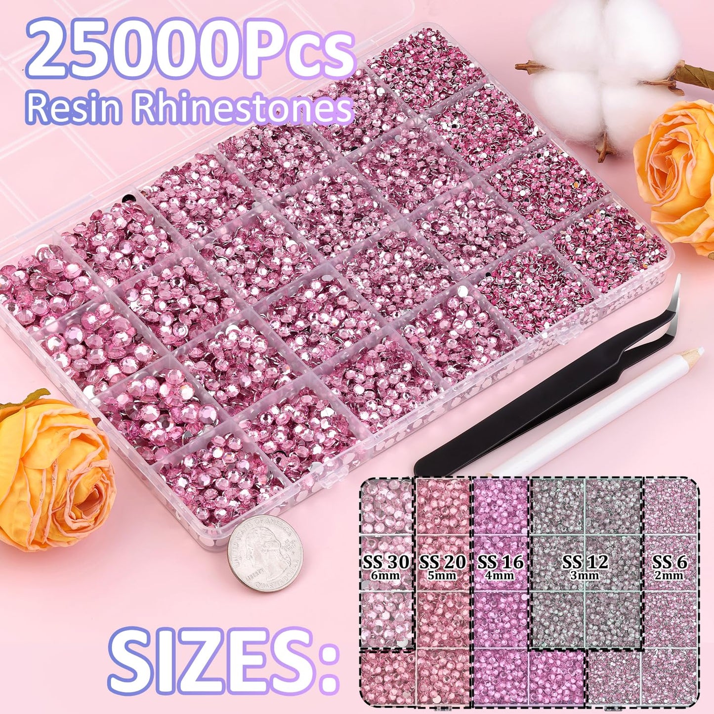25000Pcs Resin Rhinestones with Tweezers for Crafting, Dark Pink 2-6mm Mixed Sizes Non Hotfix Flatback Gems, Bedazzling Crystal for DIY Craft Clothing Mugs Tumblers Shoes Fabric Decor Nail Art-BrightBean Baby