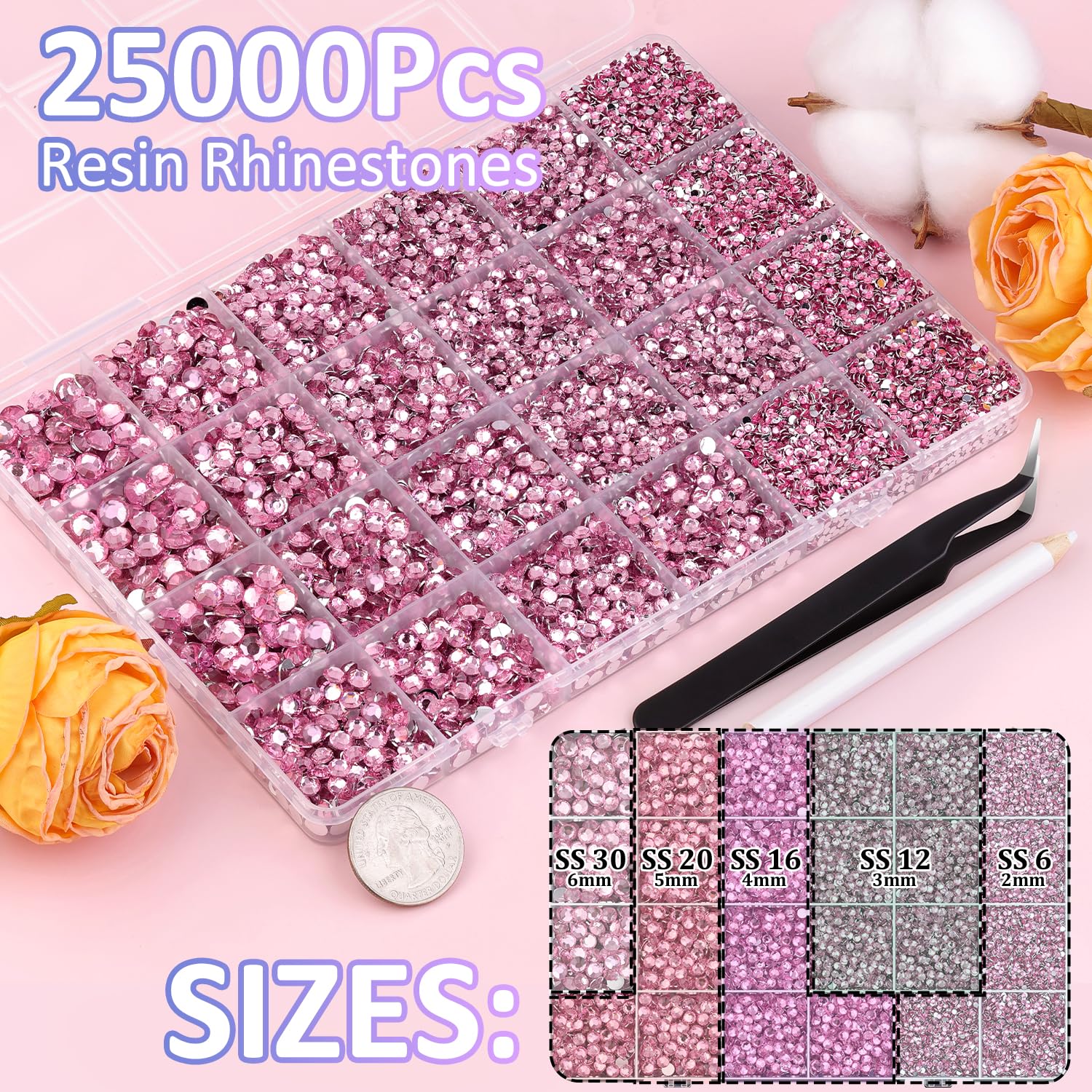 25000Pcs Resin Rhinestones with Tweezers for Crafting, Dark Pink 2-6mm Mixed Sizes Non Hotfix Flatback Gems, Bedazzling Crystal for DIY Craft Clothing Mugs Tumblers Shoes Fabric Decor Nail Art-BrightBean Baby
